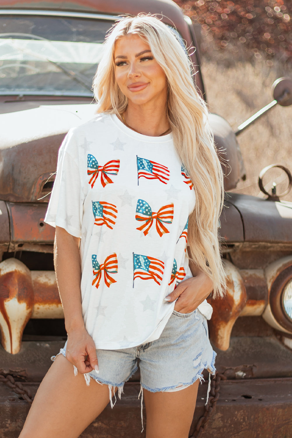 Khaki Patriotic Flag Bow Graphic Starry Round Neck T Shirt-Bella Boutique Collective