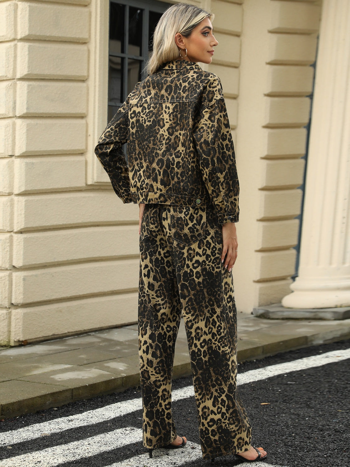 Pocketed Leopard Long Sleeve Denim Jacket-Bella Boutique Collective