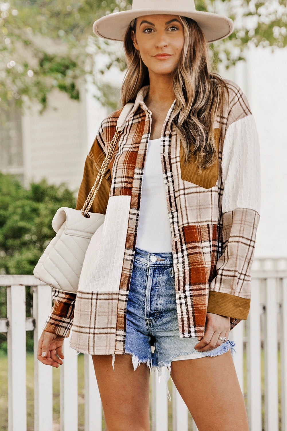 Orange Plaid Color Block Patchwork Shirt Jacket with Pocket-Bella Boutique Collective
