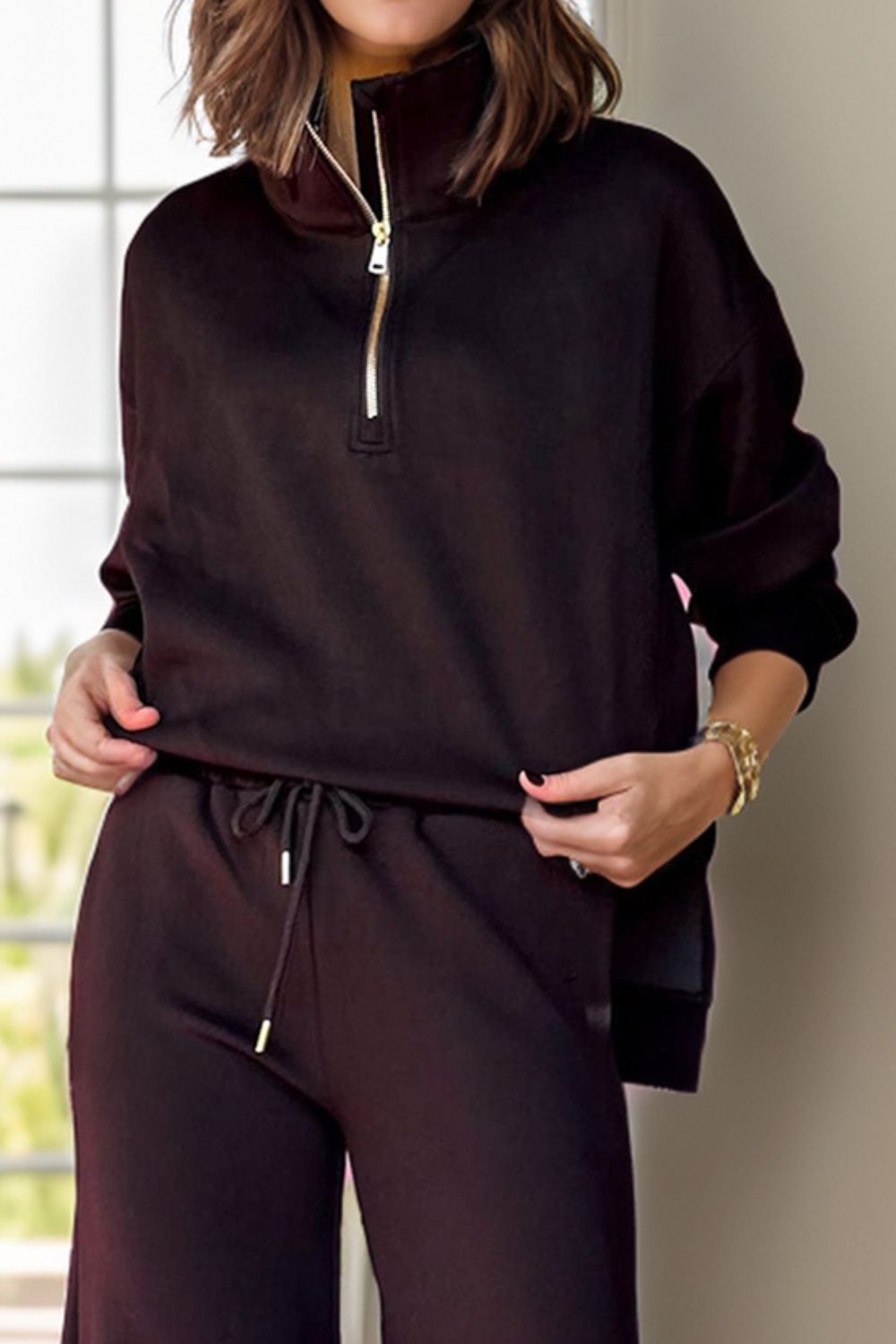 Half Zip Turtleneck Long Sleeve Top and Pants Set-Bella Boutique Collective