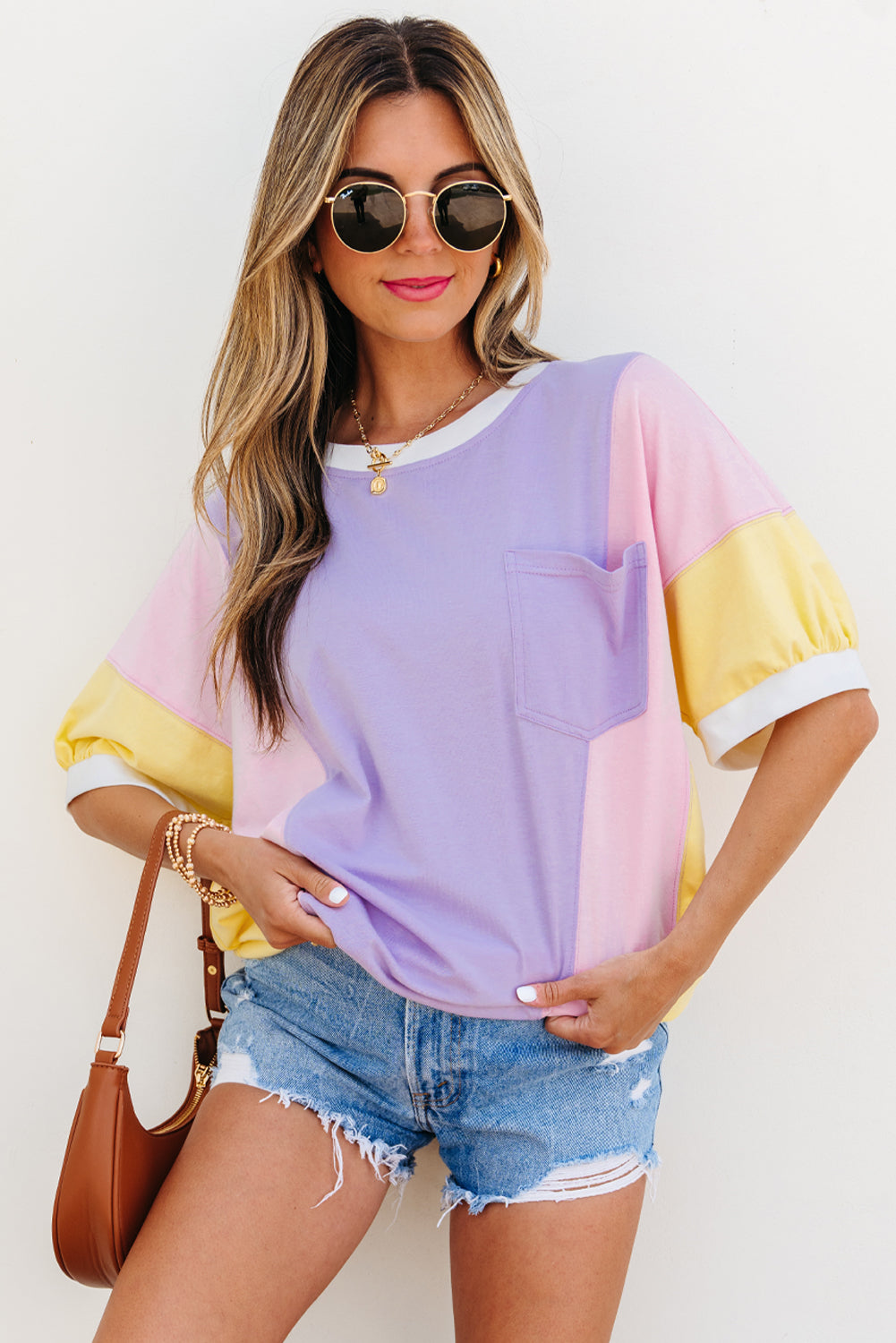 Purple Color Block Patchwork Half Sleeve Oversized T Shirt-Bella Boutique Collective