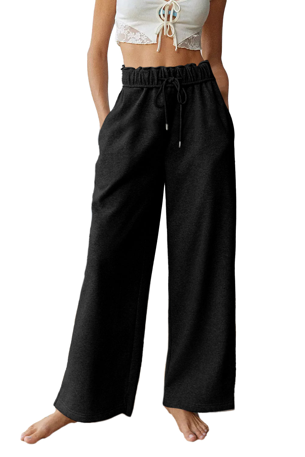 Black Elastic High Waist Drawstring Sweatpants-Bella Boutique Collective