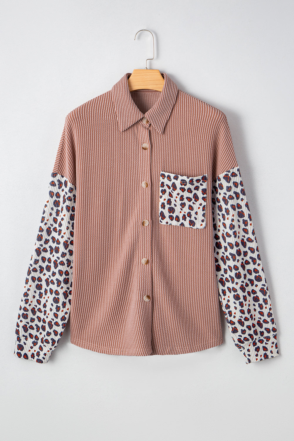 Dark Khaki Leopard Patched Twisted Ribbed Western Casual Shacket-Bella Boutique Collective
