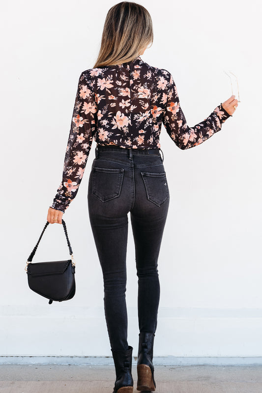 Black Floral Mesh Mock Neck Long Sleeve Slim Fit Top-Bella Boutique Collective