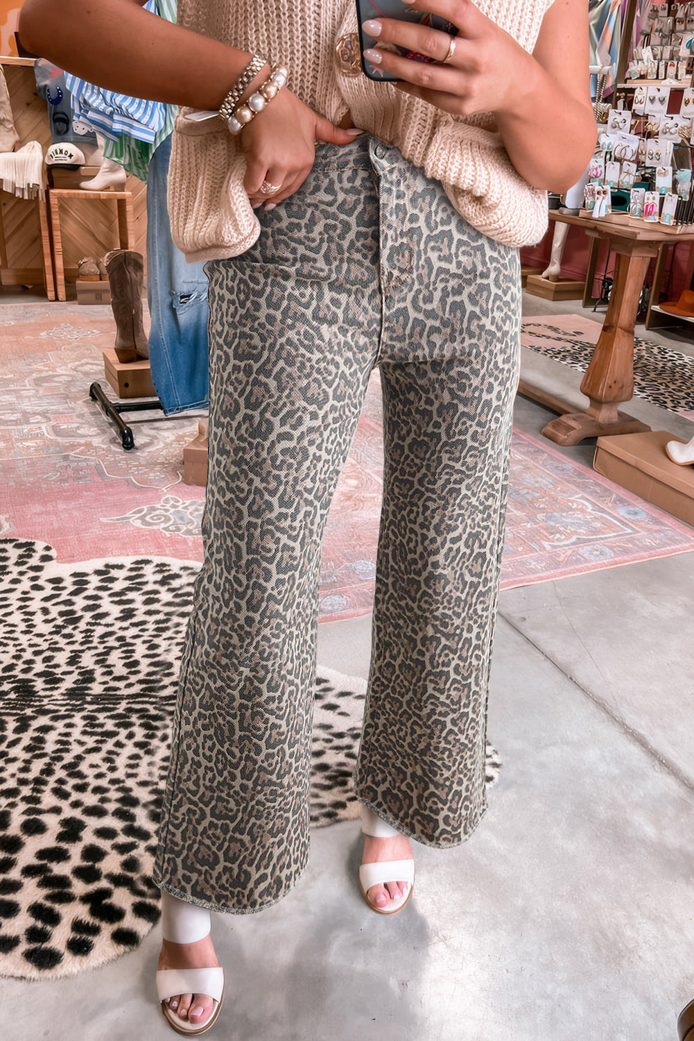 Brown Leopard Frayed Edge Wide Leg High Waist Jeans-Bella Boutique Collective