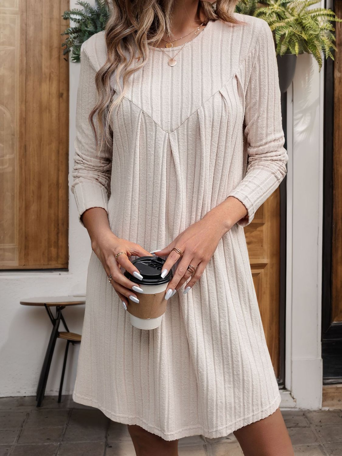 Perfee Round Neck Long Sleeve Mini Dress-Bella Boutique Collective