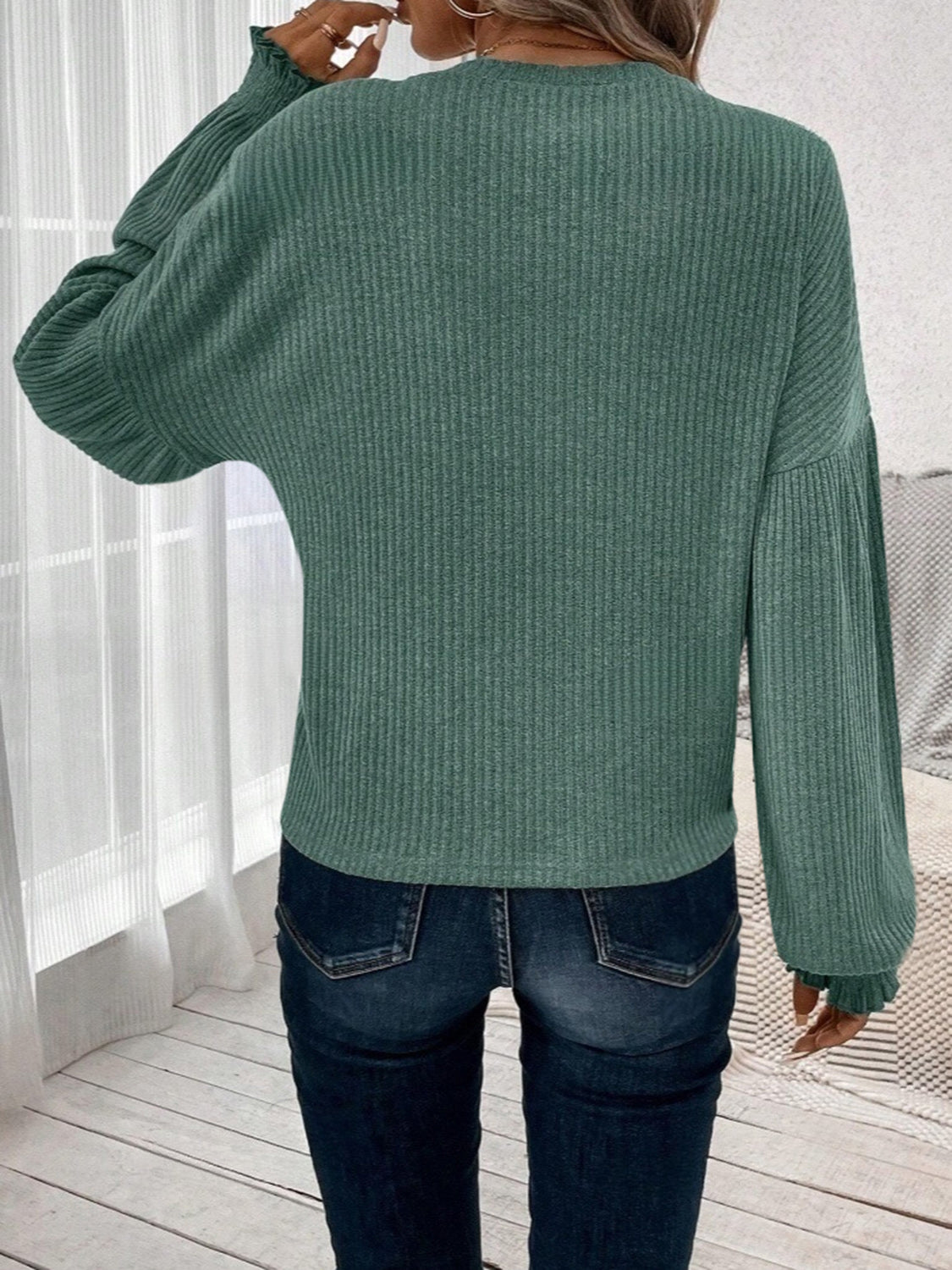 Ribbed Round Neck Lantern Sleeve T-Shirt-Bella Boutique Collective
