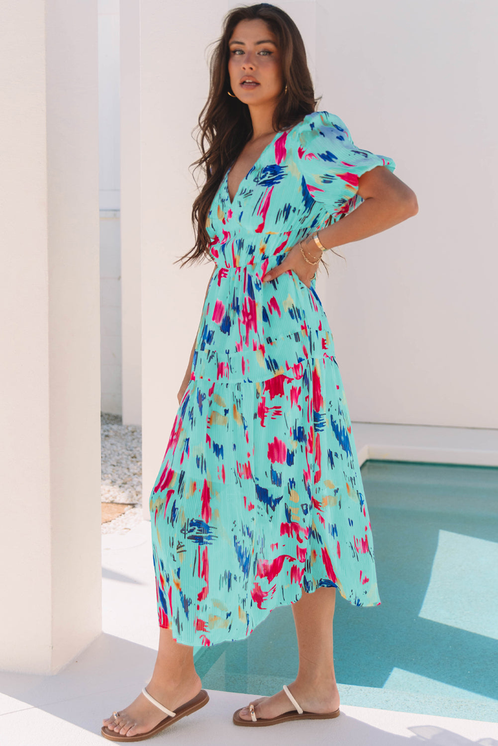 Sky Blue Abstract Print Short Puff Sleeve Tiered Maxi Dress-Bella Boutique Collective