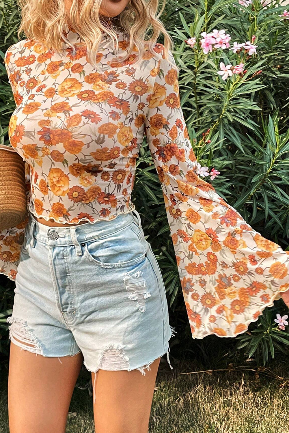 Orange Floral Printed Bell Sleeve Mock Neck Scallop Trim Blouse-Bella Boutique Collective