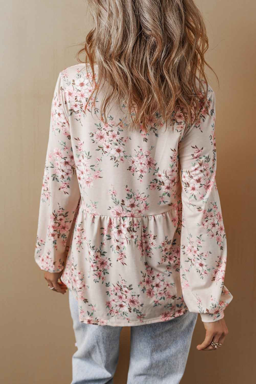 Pink Floral Print Pleated U Neck Loose Fit Blouse-Bella Boutique Collective