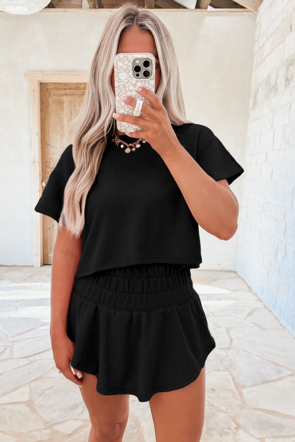 Black 2pcs Cropped Tee and Ruffle High Waist Skort Set-Bella Boutique Collective