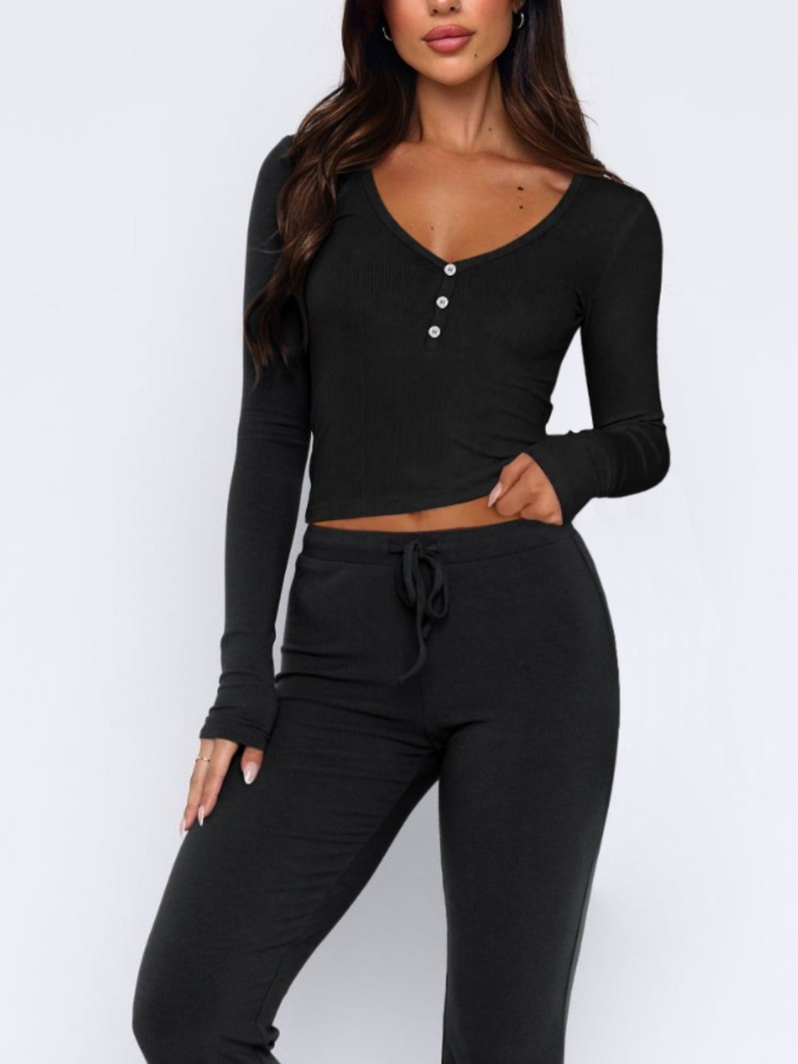 V-Neck Long Sleeve Top and Pants Set-Bella Boutique Collective