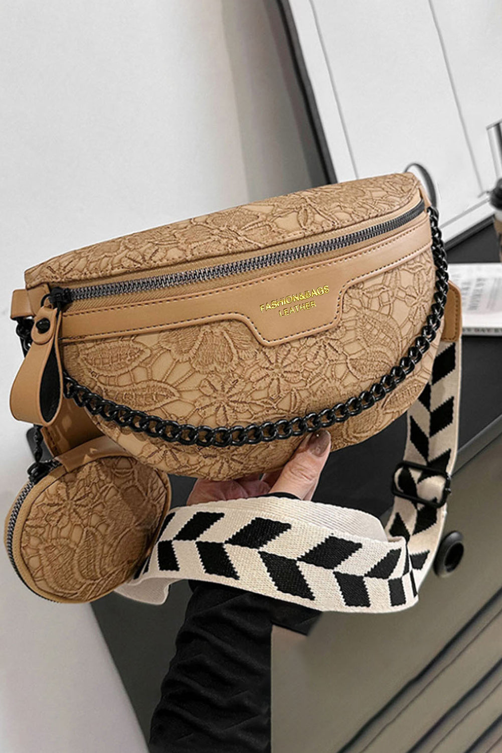 Camel Colorblock Strap Chain Shoulder Bag With Coin Purse-Bella Boutique Collective