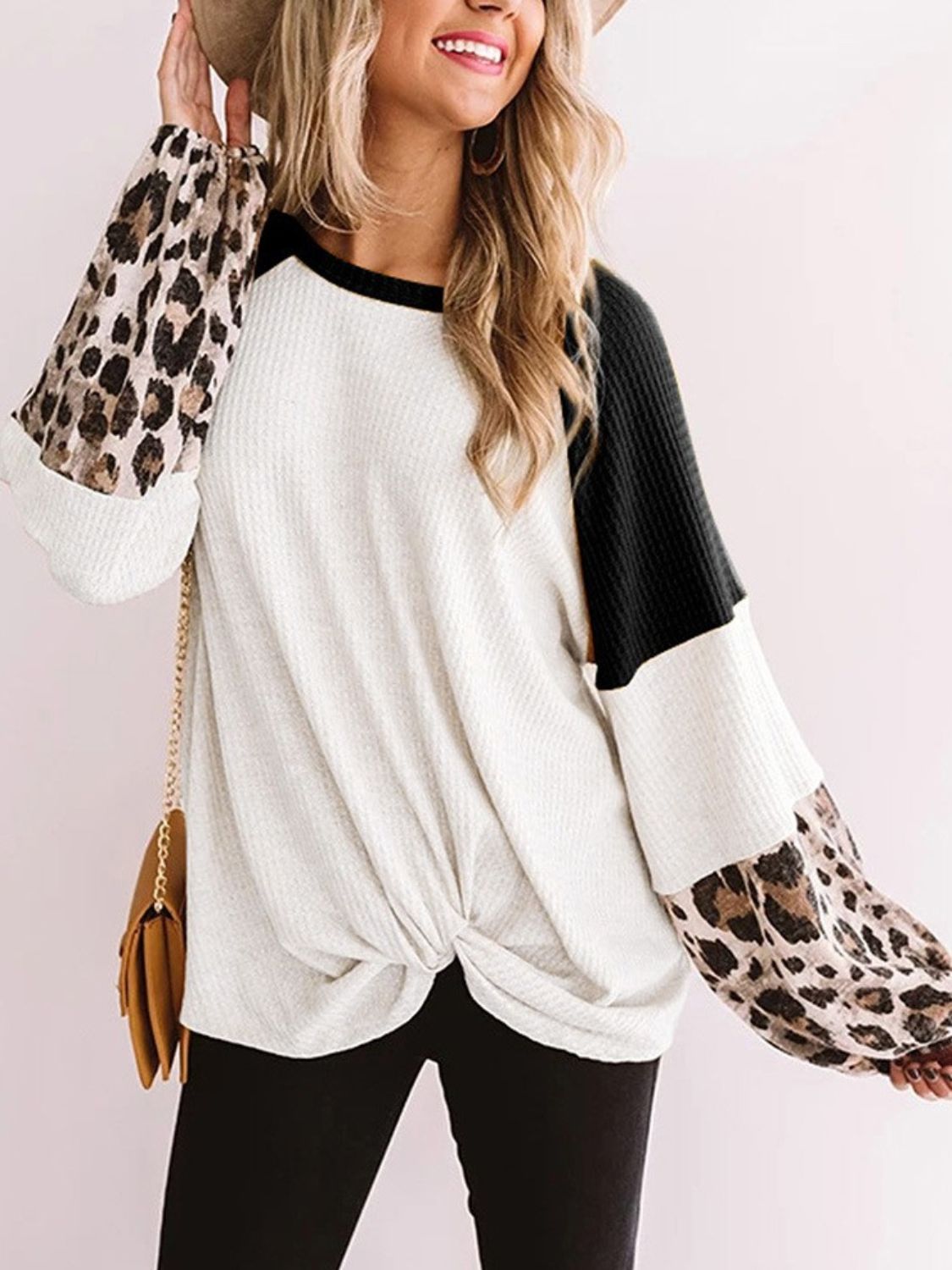 Twisted Color Block Round Neck Long Sleeve T-Shirt-Bella Boutique Collective