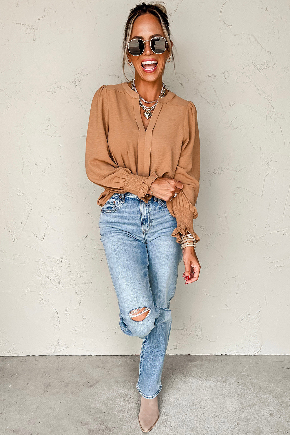 Straw Yellow Solid Color Shirred Cuff Notch V Neck Blouse-Bella Boutique Collective
