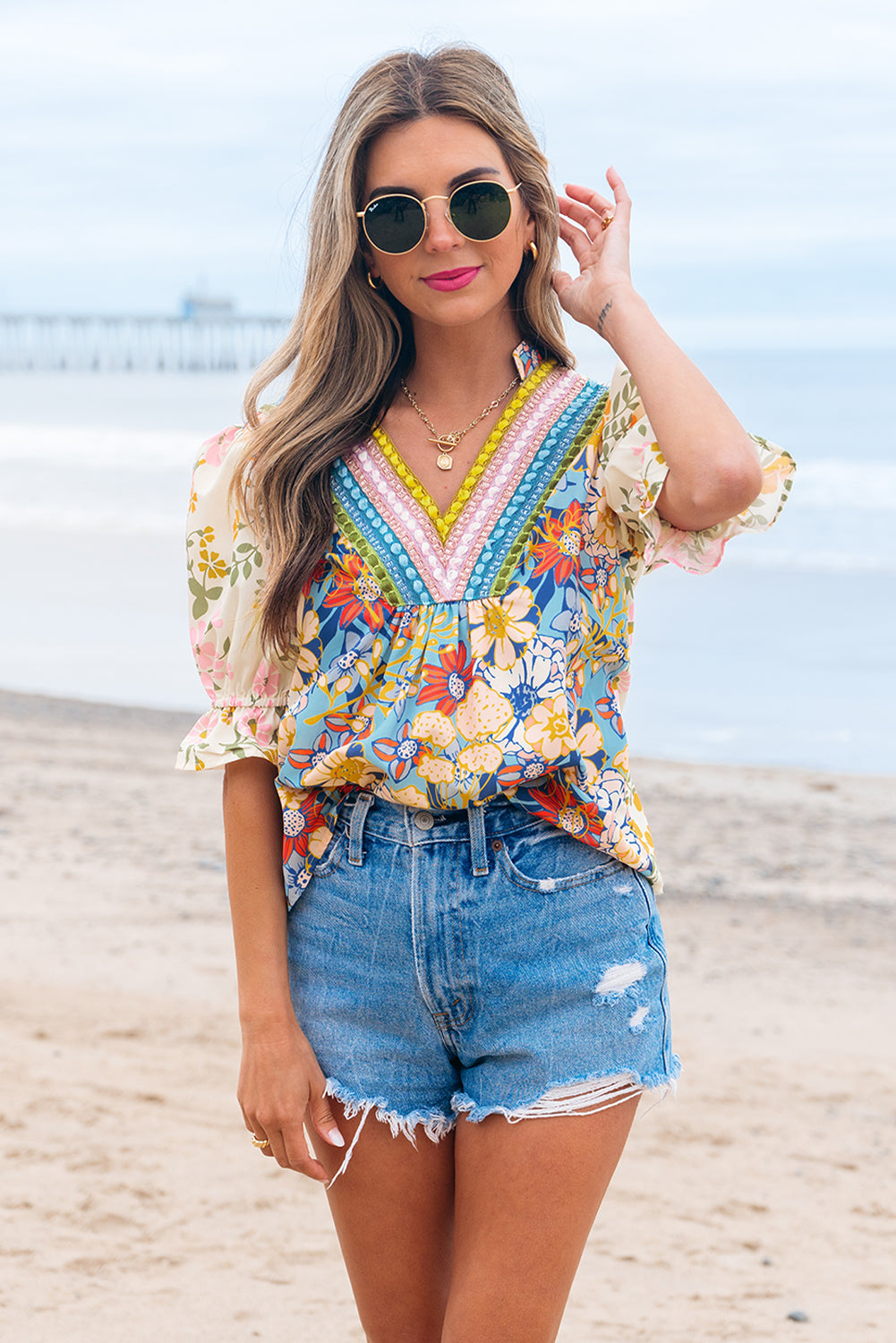 Multicolour Crochet V Neck Half Sleeve Boho Floral Blouse-Bella Boutique Collective