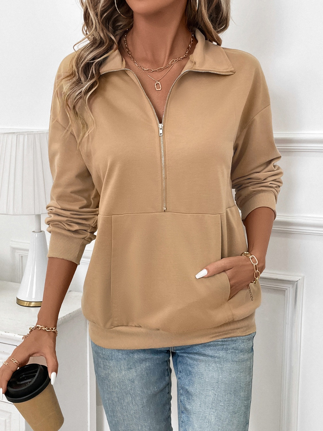 Half Zip Kangaroo Pocket Long Sleeve Sweatshirt-Bella Boutique Collective