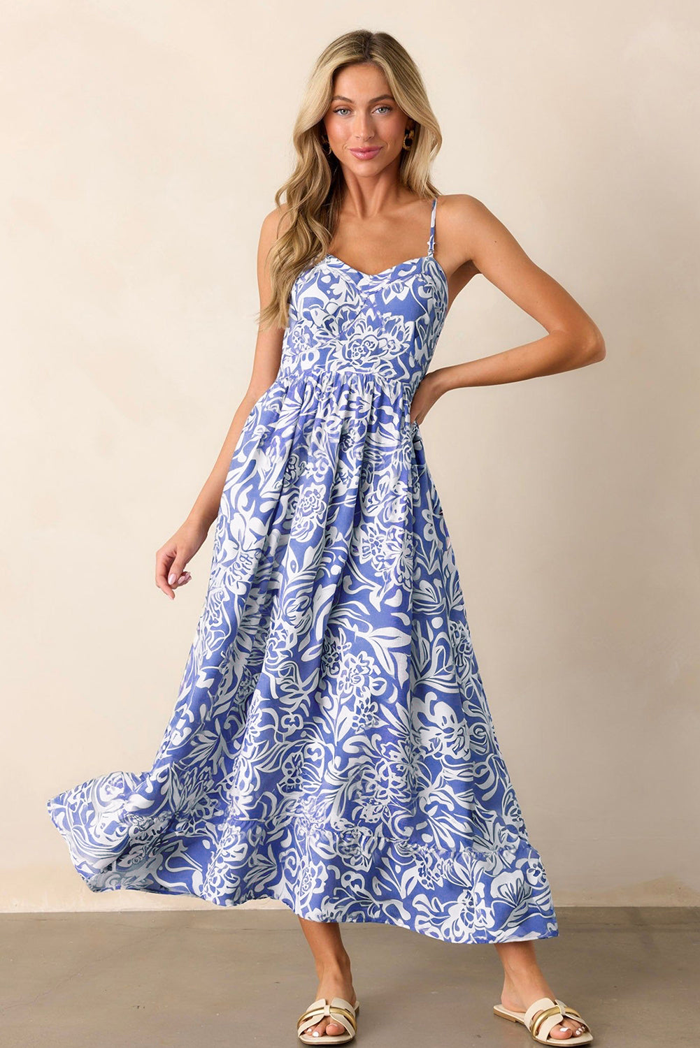 Sky Blue Floral Print Spaghetti Strap High Waist Maxi Dress-Bella Boutique Collective