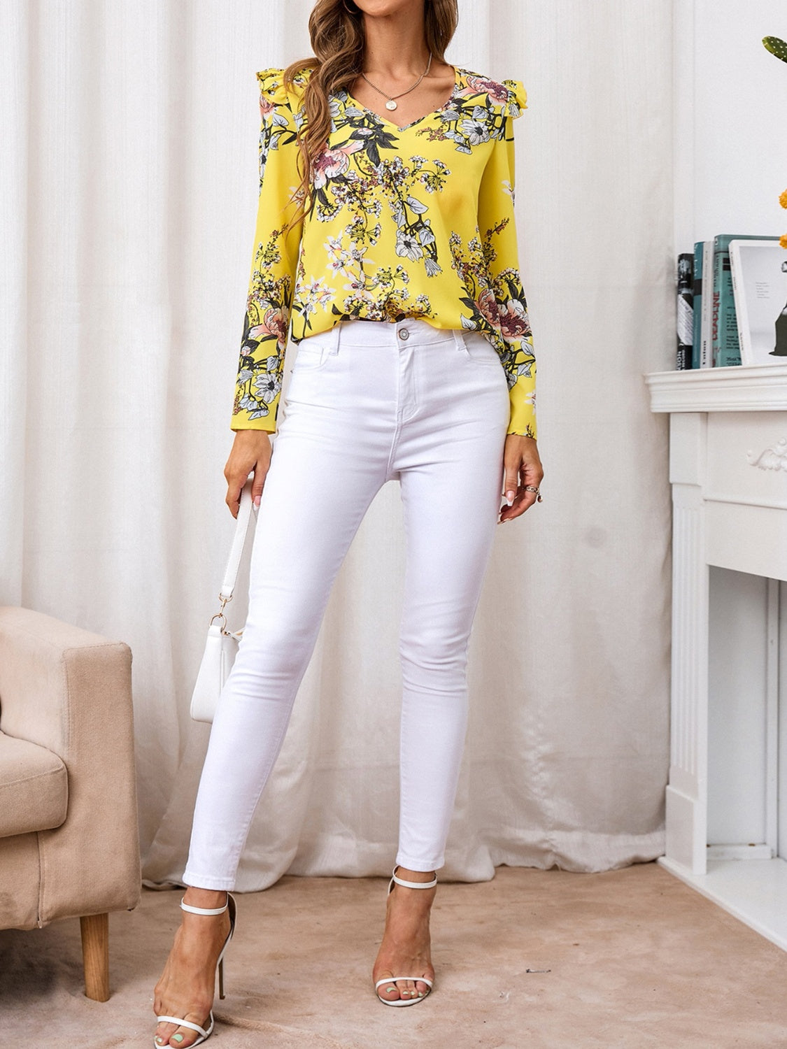 Ruffled Printed V-Neck Long Sleeve Blouse-Bella Boutique Collective
