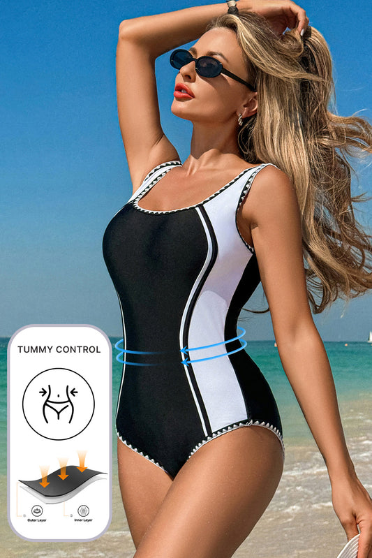 Black Color Block Ric Rac Trim U Neck One Piece Swimsuit-Bella Boutique Collective
