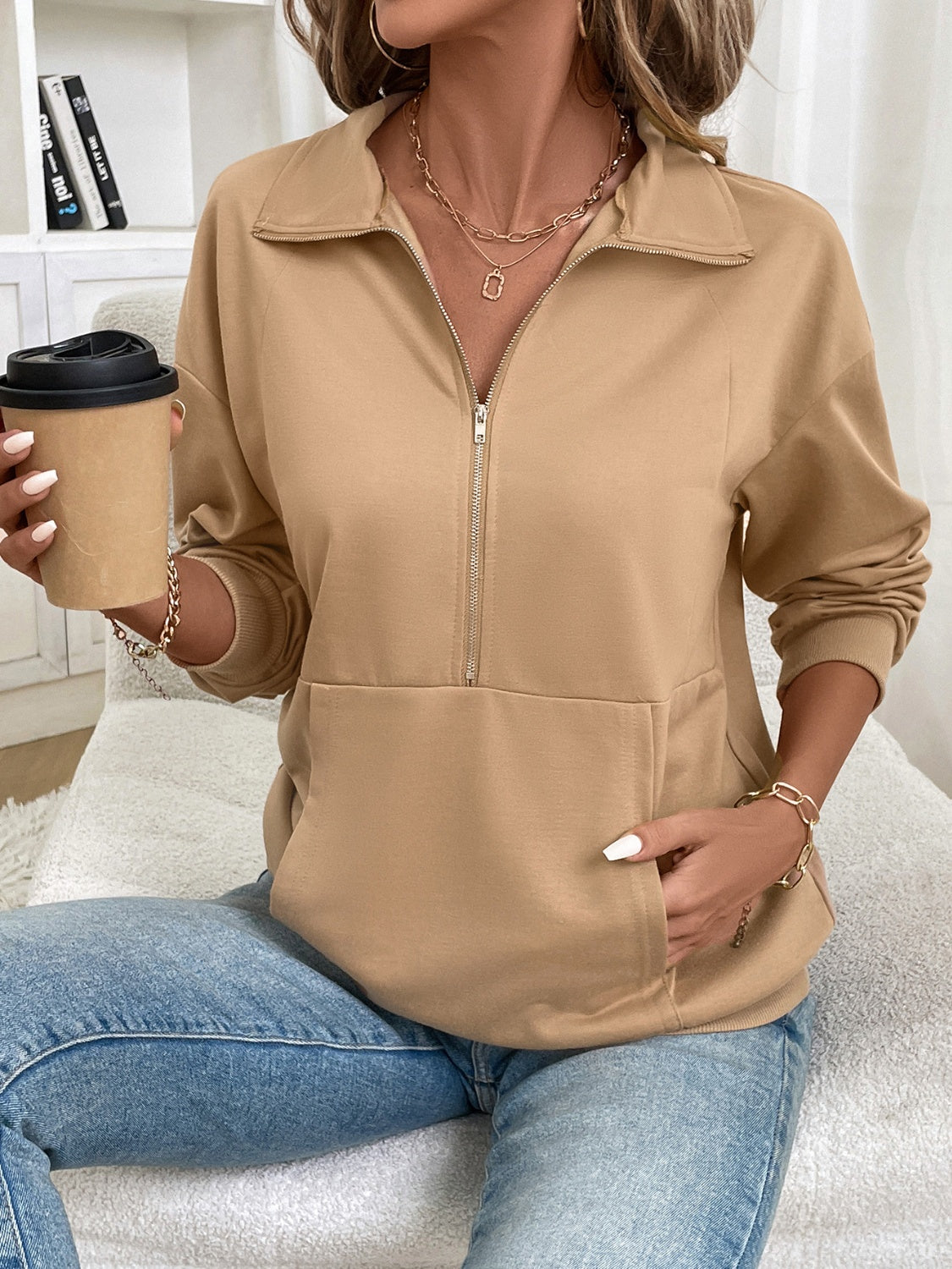 Half Zip Kangaroo Pocket Long Sleeve Sweatshirt-Bella Boutique Collective