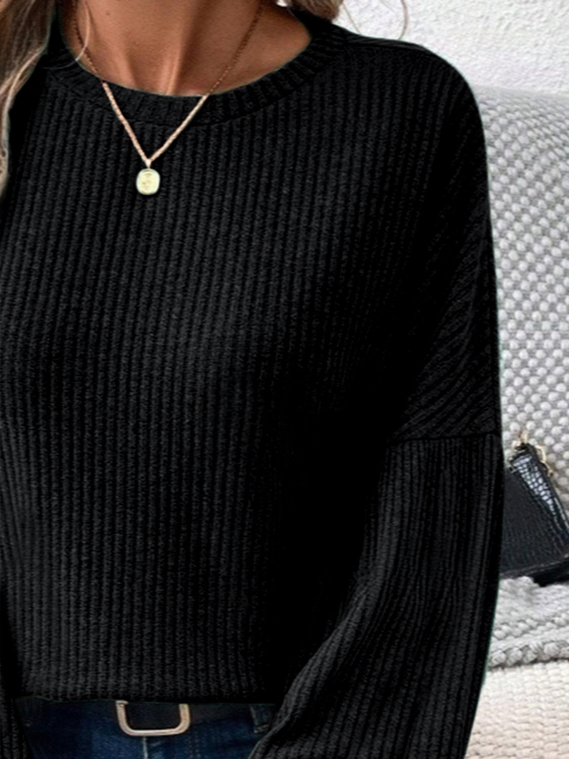 Ribbed Round Neck Lantern Sleeve T-Shirt-Bella Boutique Collective