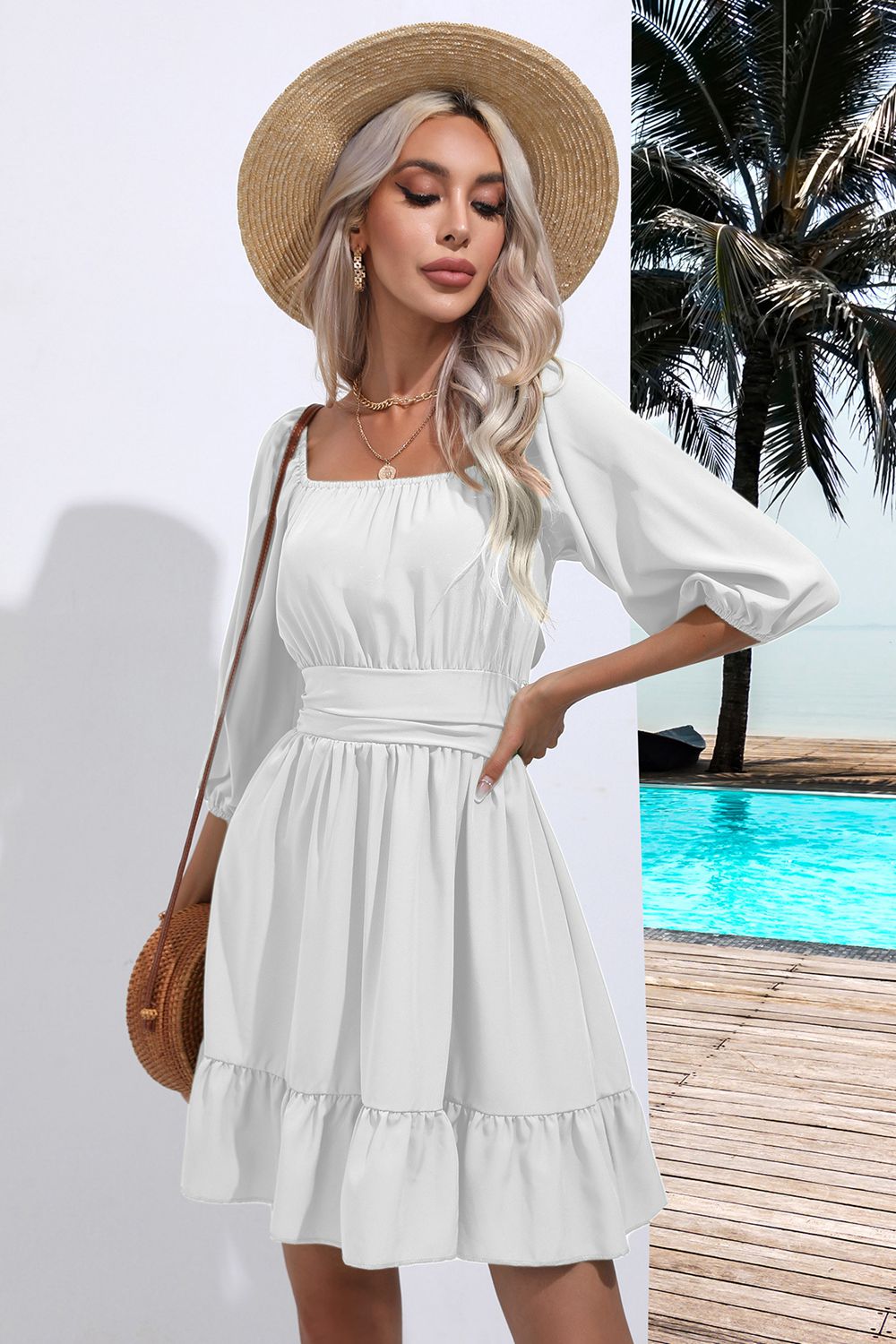 Square Neck Tie Back Ruffle Hem Dress-Bella Boutique Collective
