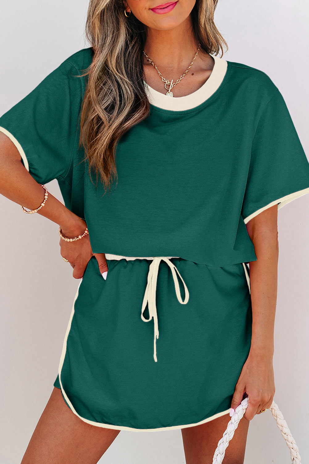 Evergreen Colorblock Edge Drop Shoulder T Shirt and Skort 2Pcs Set-Bella Boutique Collective