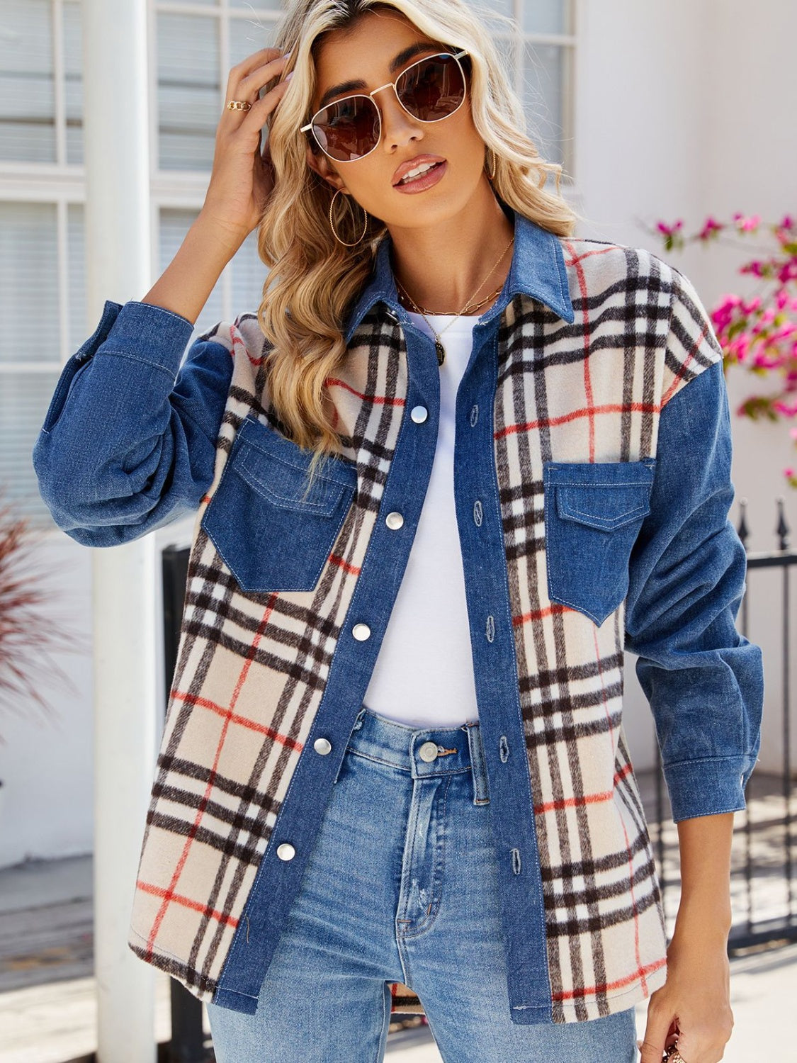 Plaid Long Sleeve Denim Jacket-Bella Boutique Collective