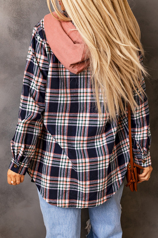 Pink Contrast Hooded Drawstring Plaid Shacket-Bella Boutique Collective