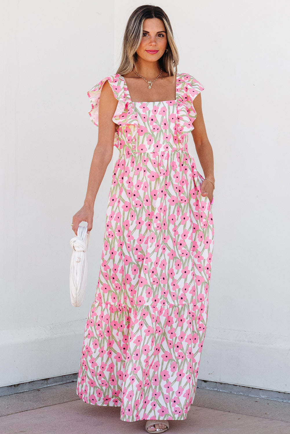 Pink Floral Print Square Neck Ruffled Strap Maxi Dress-Bella Boutique Collective