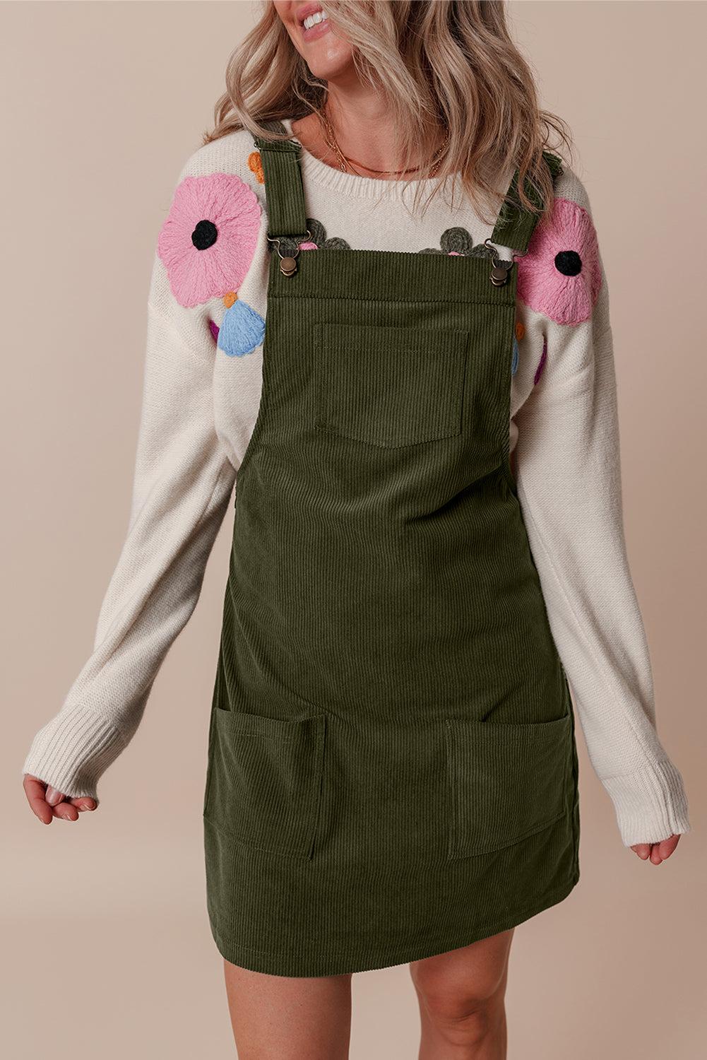 Vineyard Green Solid Front Pockets Sleeveless Corduroy Overall Dress-Bella Boutique Collective