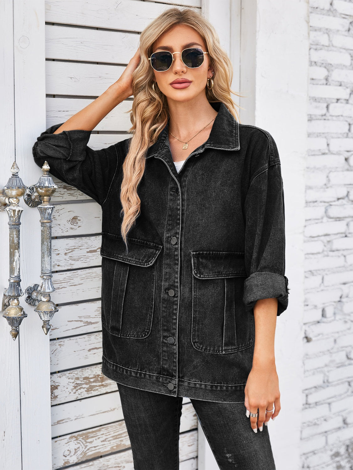 Button Up Long Sleeve Denim Jacket-Bella Boutique Collective