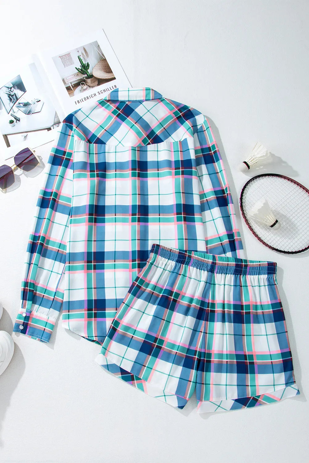 Plaid Snap Down Long Sleeve Top and Shorts Lounge Set-Bella Boutique Collective