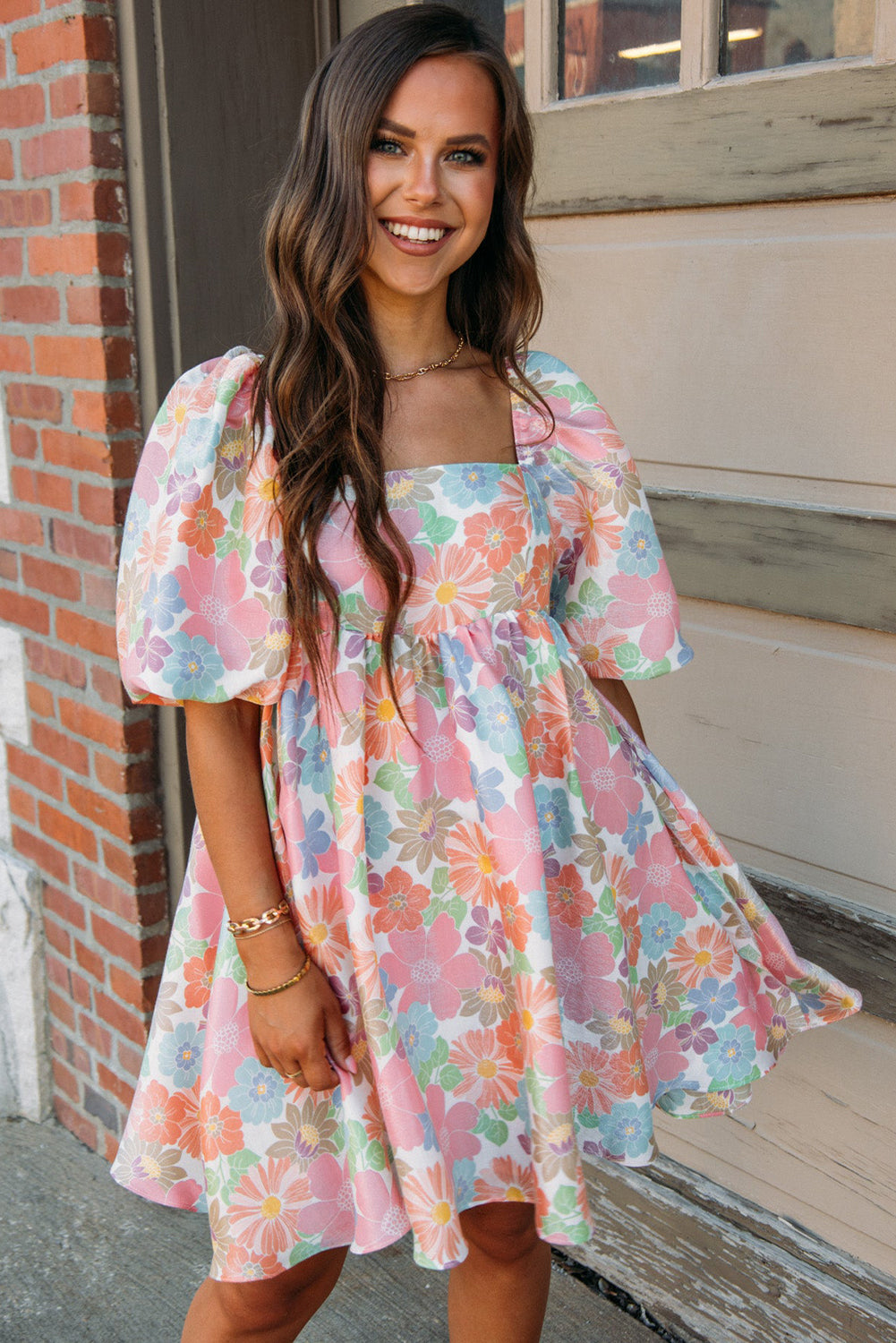 Pink Summer Floral Square Neck Puff Sleeve Babydoll Dress-Bella Boutique Collective