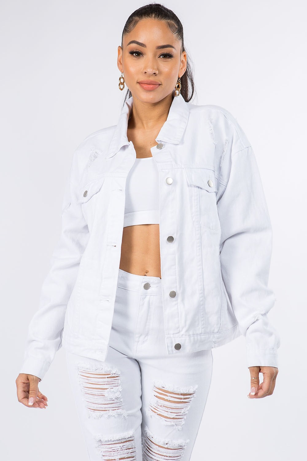 American Bazi Graphic Distressed Long Sleeve Denim Jacket-Bella Boutique Collective