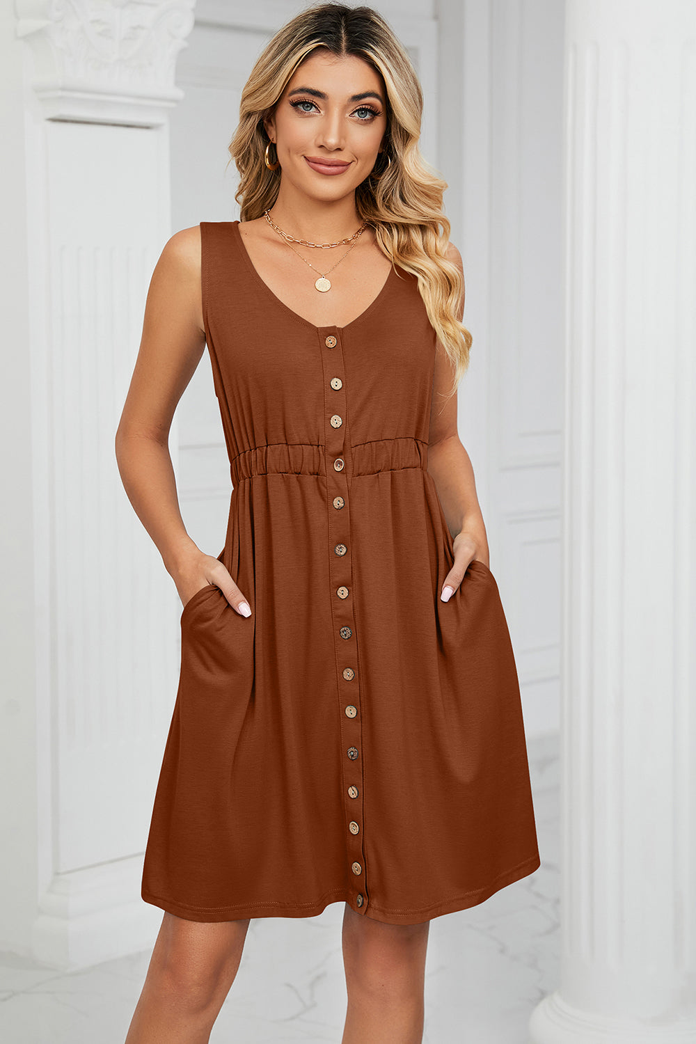 Buttoned Wide Strap Mini Dress-Bella Boutique Collective