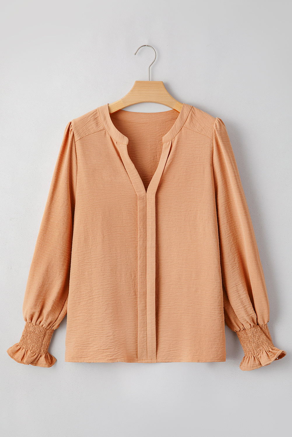 Straw Yellow Solid Color Shirred Cuff Notch V Neck Blouse-Bella Boutique Collective