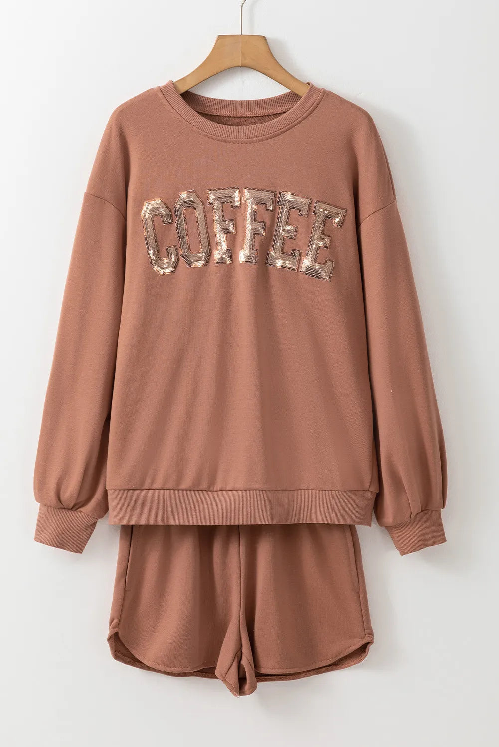 COFFEE Sequin Round Neck Long Sleeve Top and Shorts Set-Bella Boutique Collective