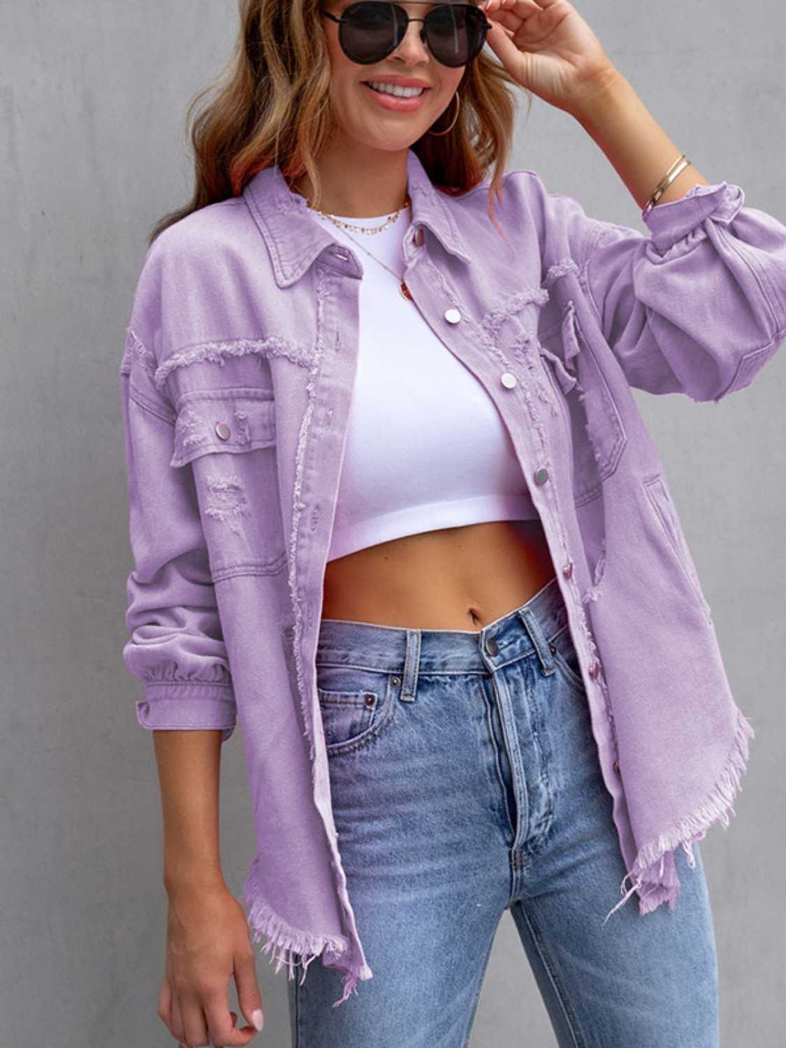 Distressed Drop Shoulder Denim Jacket-Bella Boutique Collective