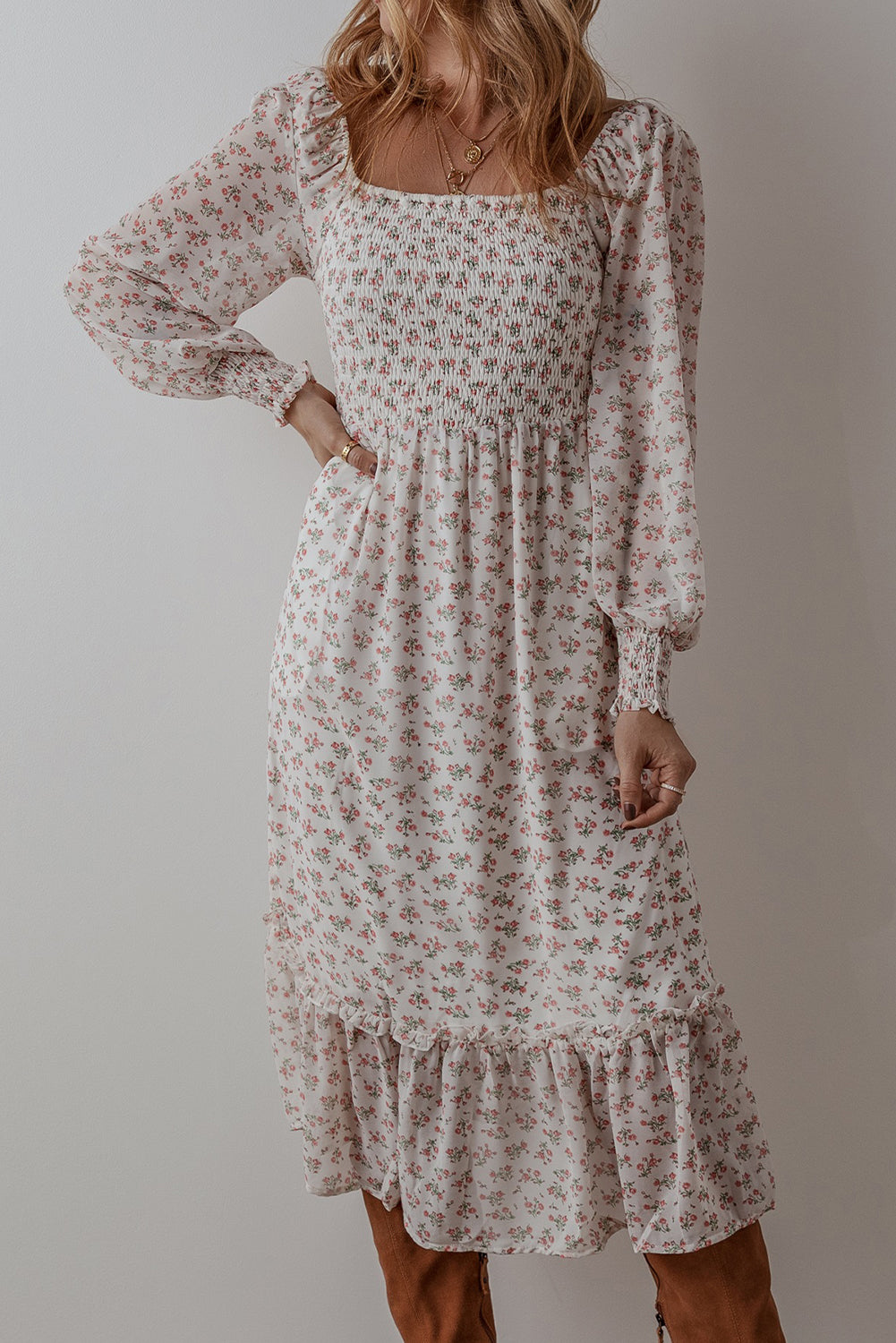 White Floral Print Shirred Ruffled Hem Square Neck Midi Dress-Bella Boutique Collective