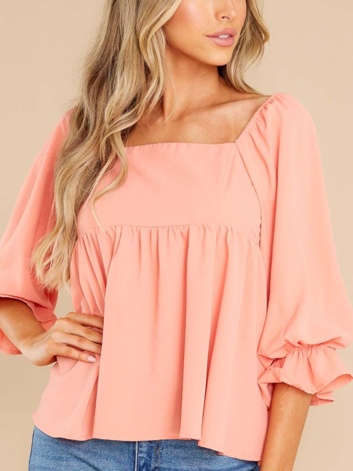 Smocked Square Neck Flounce Sleeve Blouse-Bella Boutique Collective