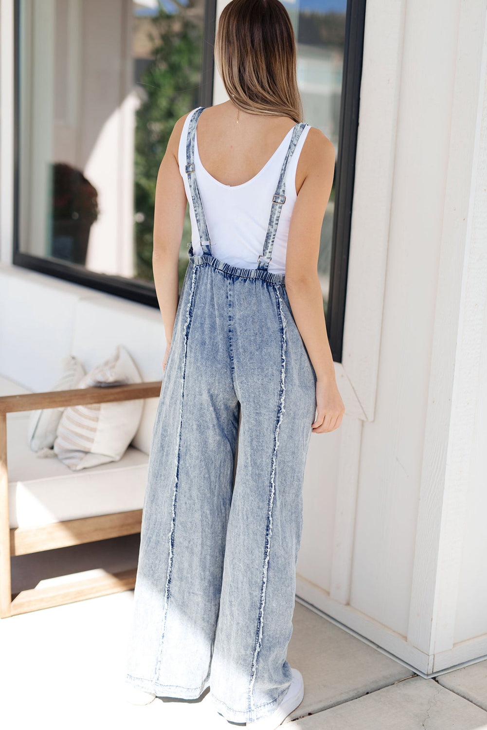 Beau Blue Light Wash Frayed Exposed Seam Wide Leg Denim Overall-Bella Boutique Collective