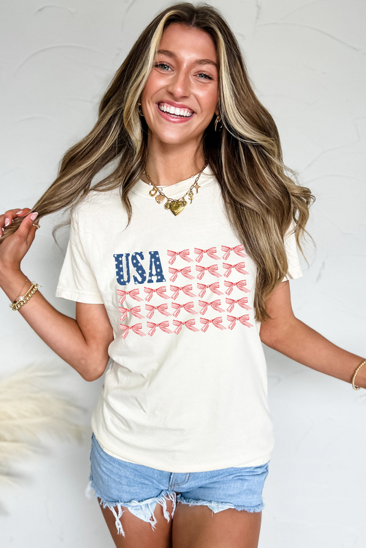 White USA Flag Bow Knot Print Round Neck T Shirt-Bella Boutique Collective