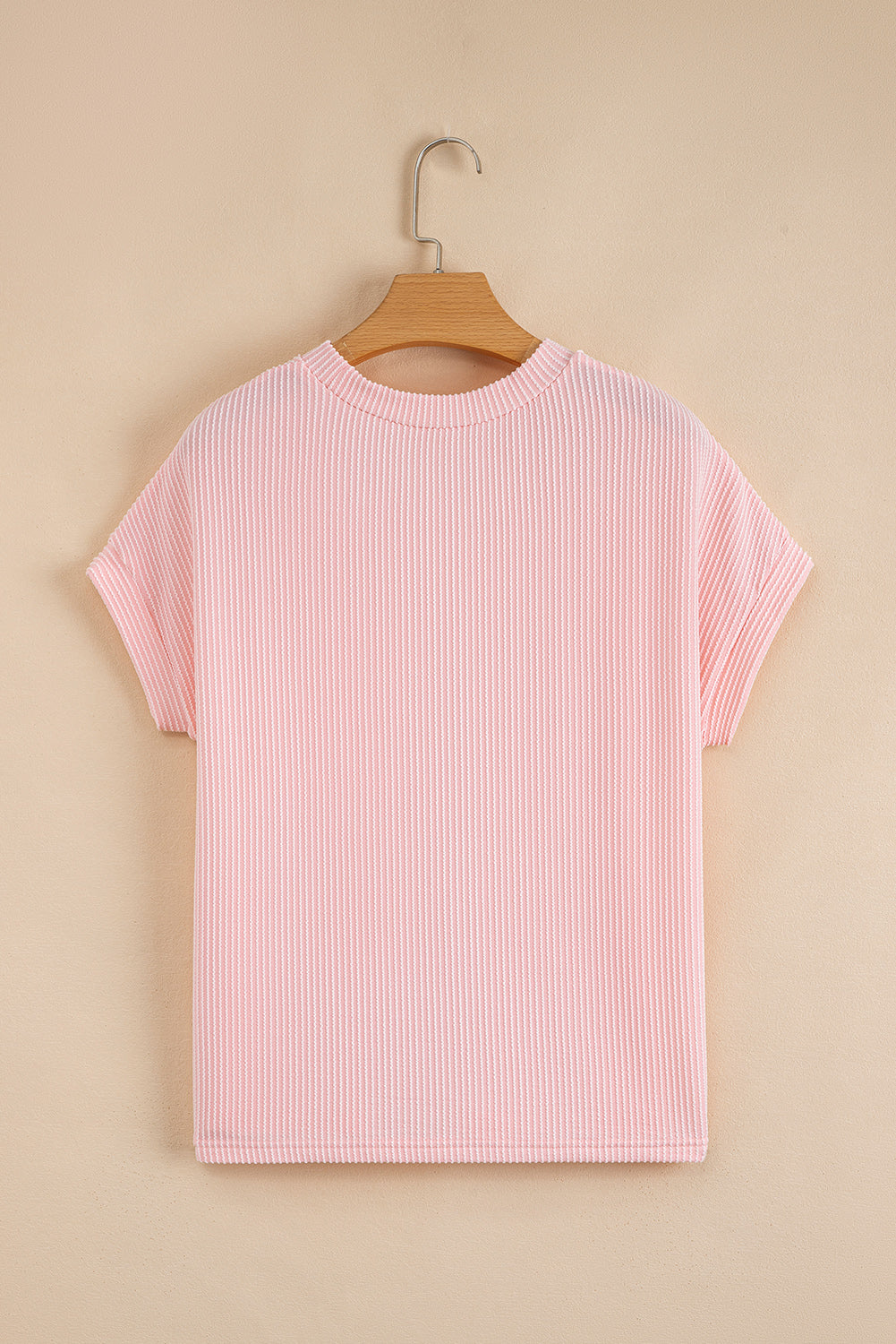 Pink Corded Knit Color Block Pocketed Crew Neck T Shirt-Bella Boutique Collective