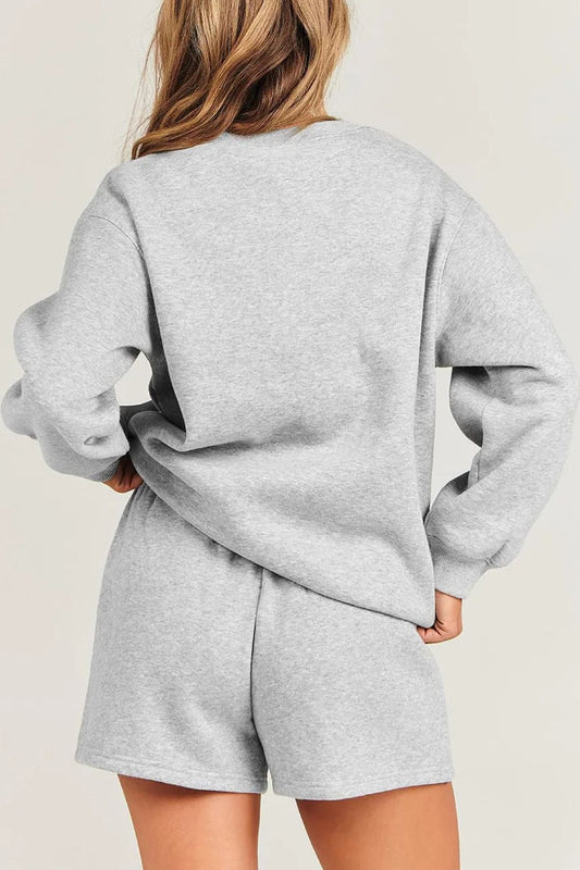 Round Neck Dropped Shoulder Sweatshirt and Shorts Set-Bella Boutique Collective