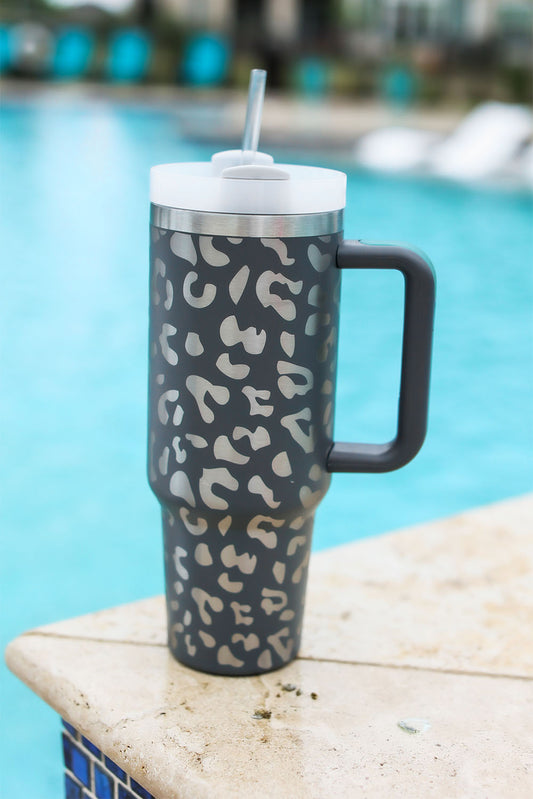 Gray Leopard Print 40OZ Stainless Steel Portable Cup with Handle-Bella Boutique Collective
