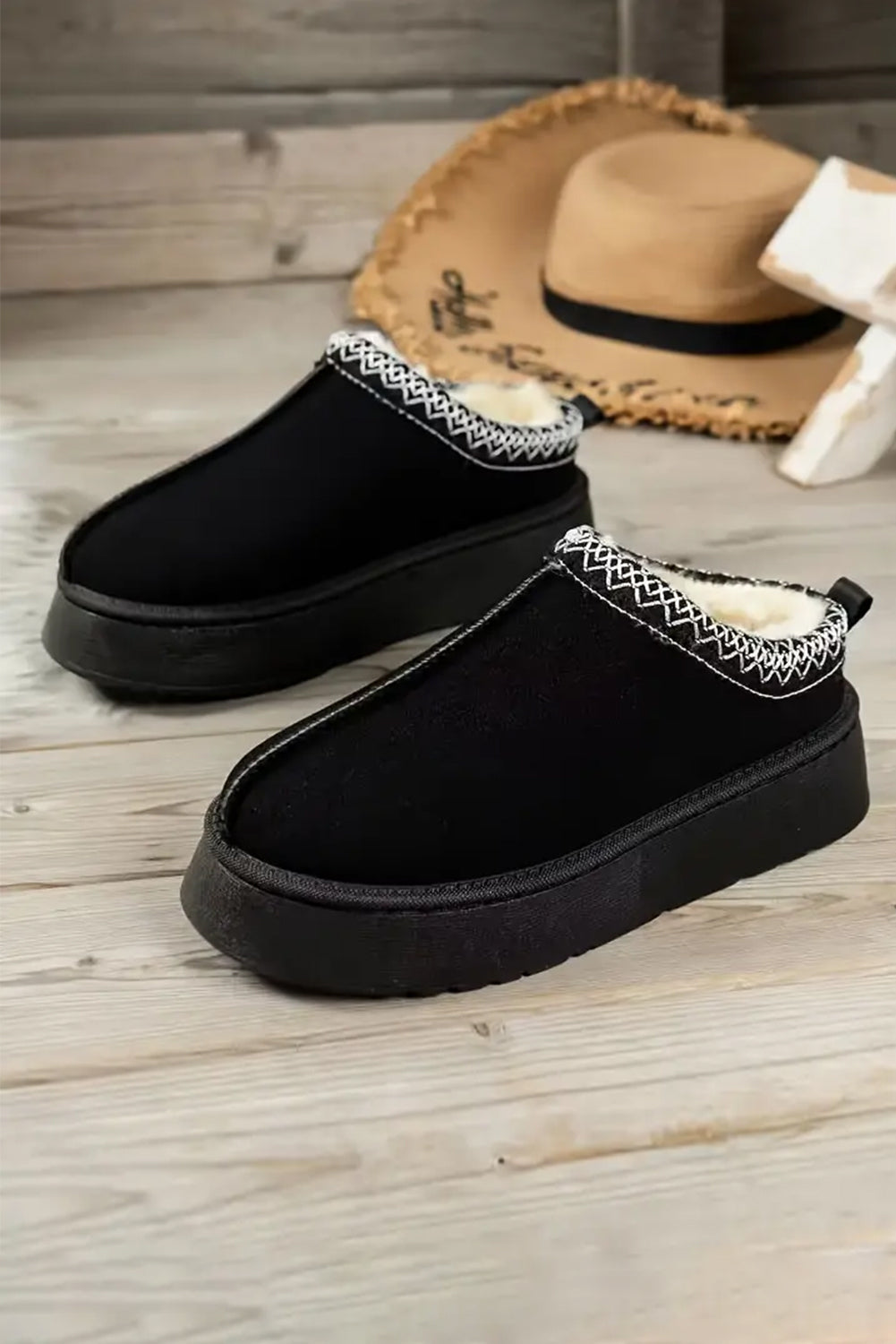 Black Contrast Print Suede Plush Lined Snow Boots-Bella Boutique Collective