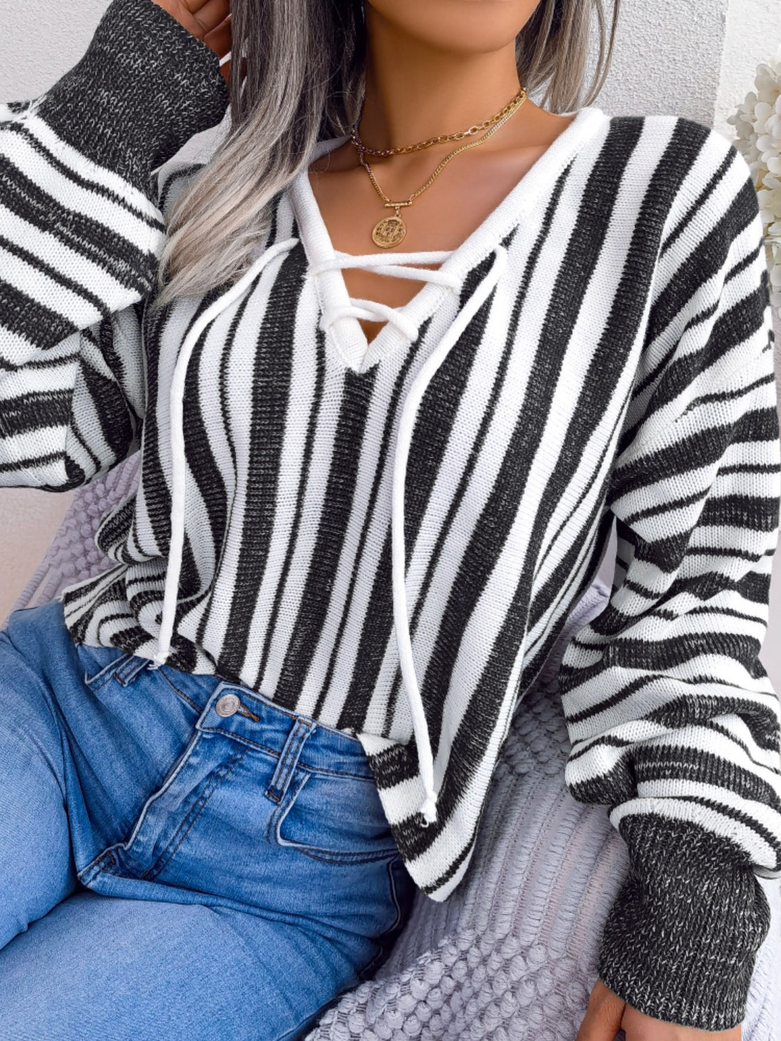 Striped Lace-Up Long Sleeve Sweater-Bella Boutique Collective