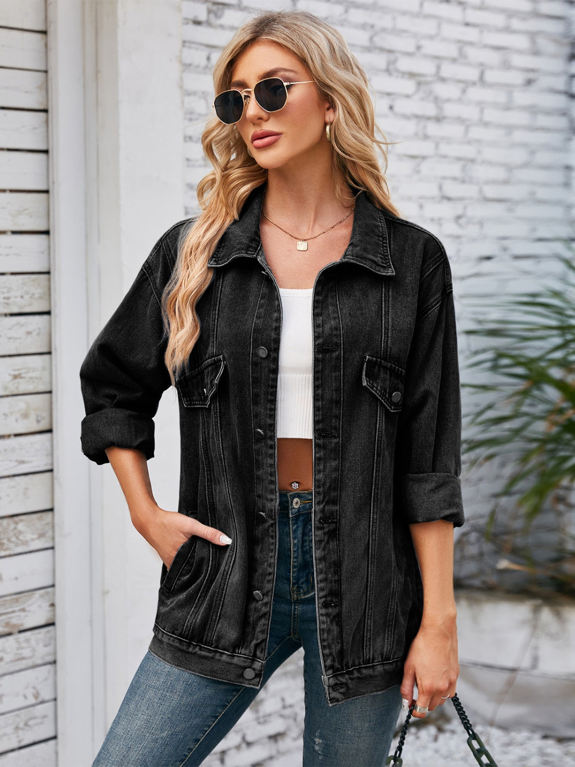 Button Up Long Sleeve Denim Jacket-Bella Boutique Collective